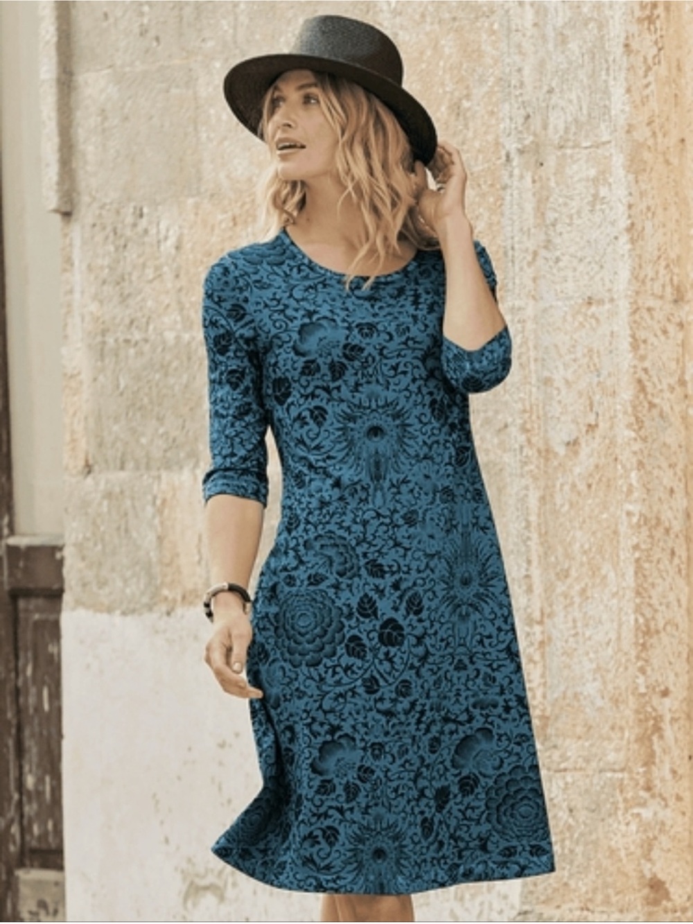 Peruvian Connection Mum Vine Blue Floral Pima Cotton Quarter Sleeve Dress Medium